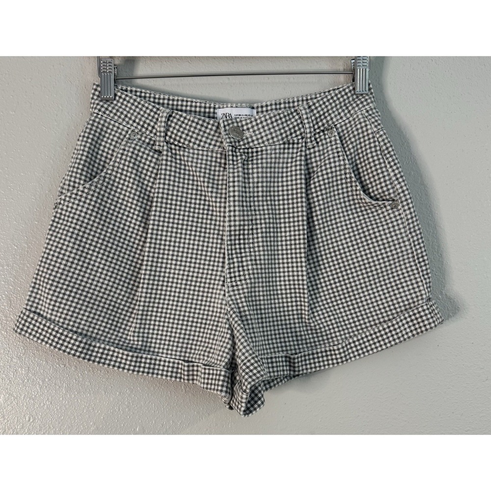 Zara Gingham Pleated High Rise Shorts‎ Cuffed Checkered French Girl Style Size 6